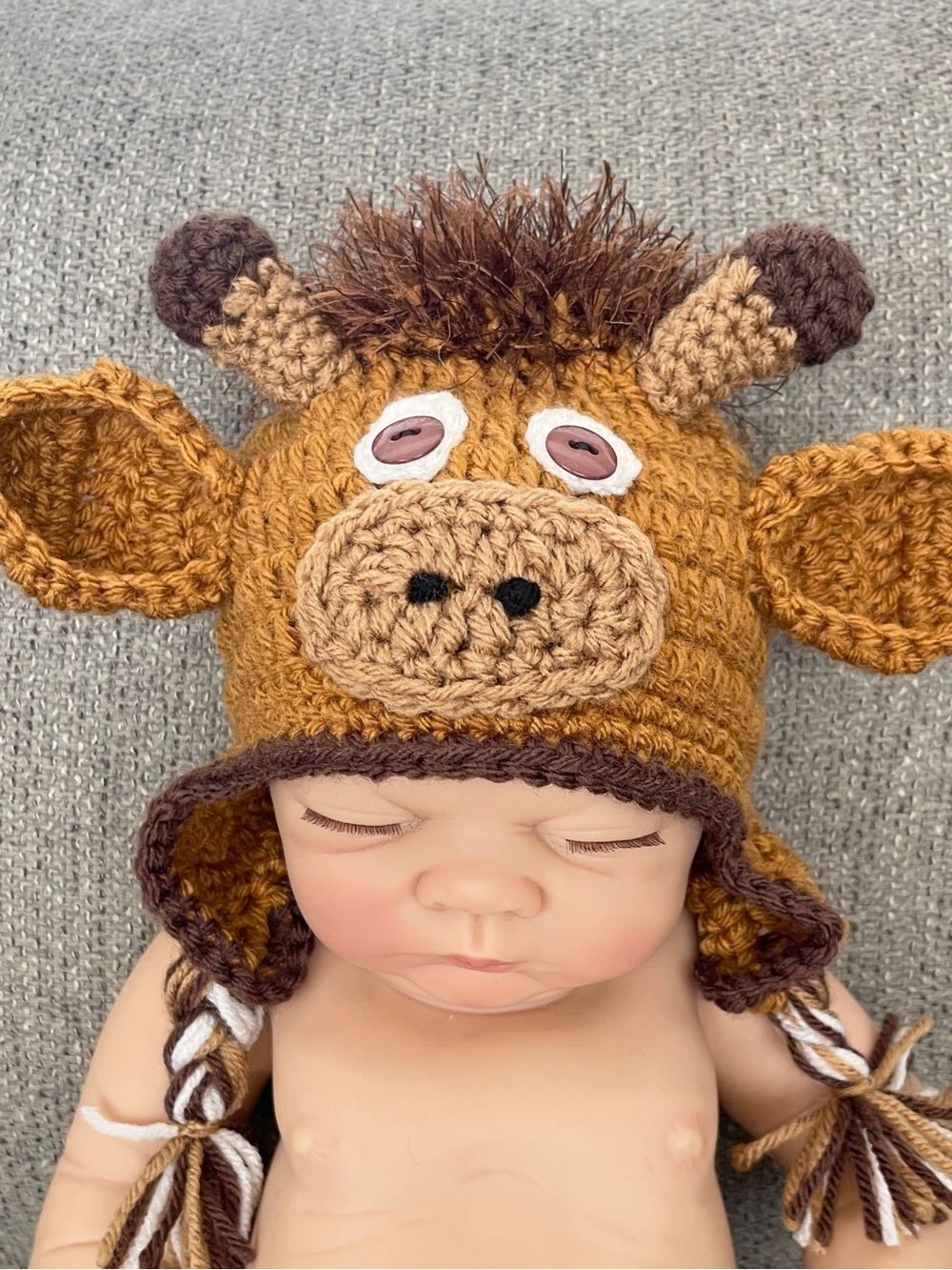Baby Newborn Brown Crochet Giraffe Earflap Hat - Picture 3 of 4